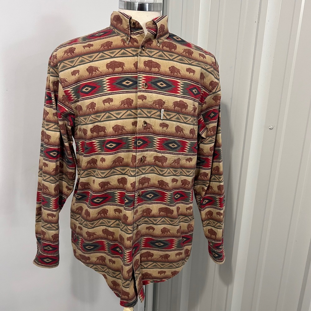 Cowboy Buffalo Western Brush Aztec print Novelty Cotton Button Shirt M